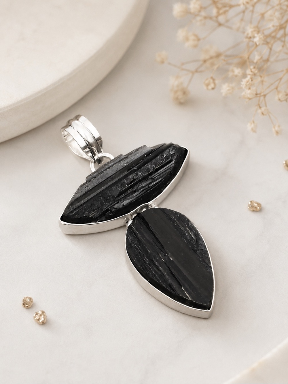 Raw Black Tourmaline Gemstone Silver 2.5" Pendant